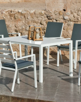 Set Table TURILLA 150 + 6 chaises TURILLA 3 Blanc avec coussins complet Gris foncé