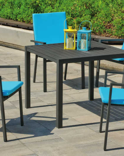 Set Table TURILLA 90 + 4 chaises TURILLA 3 Anthracite avec coussins complet Turquoise