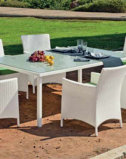 Salon de jardin BLANC Table 180cm + 6 fauteuils