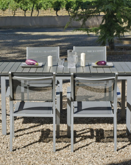 Salon de Jardin Alu table extensible 150-200cm + 6 Fauteuils, aluminium