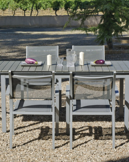 Salon de Jardin Alu table 150-200cm + 6 Fauteuils