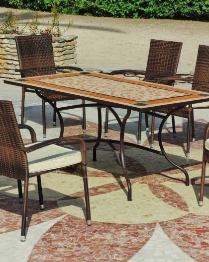 Table mosaico ROLAND 200x100 + 6 fauteuils BERGAMO + coussins